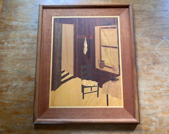 Large Vintage Creative Designs Wood Inlay Marquetry Picture Cat Interior Ossining NY Hudson River Inlay