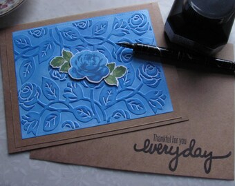 Thankful for you every day, Thinking of You Card, Floral, Blue, Embossed, Layered, Die Cut, All Occasion Greeting Card, Kraft Paper