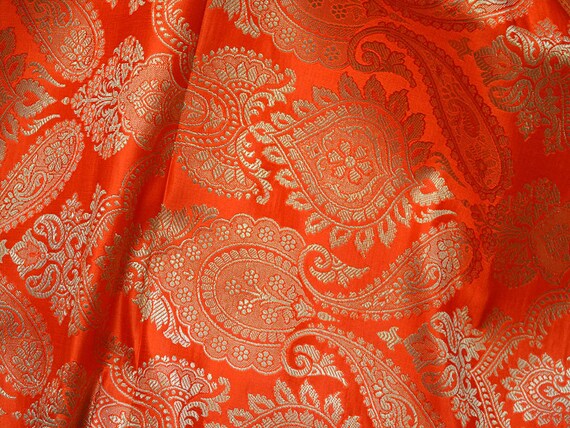 Orange Brocade Fabric Banarasi Silk for Wedding Dress lehenga