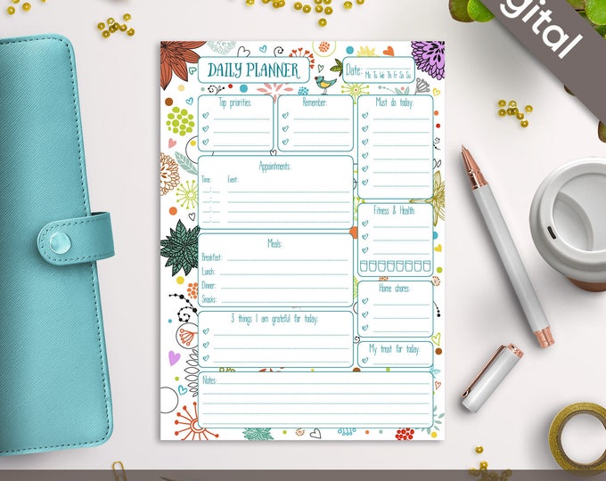 A5 Daily Planner Printable, Filofax A5 size printable refills, Syasia Cute Floral Day Organizer, DIY Planner Pages PDF Instant Download