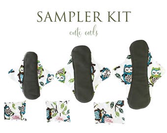 SALE Comfy Cloth Mama Cloth Charcoal Bamboo Menstrual Pads - Cute Owls Pattern - Kit of All Cloth Pad Sizes