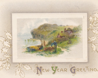 Happy New Year 1900's Vintage Victorian Collectible Postcard Paper Ephemera Embossed