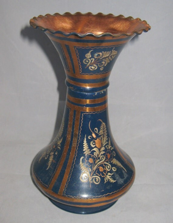 Vintage Copper Vase with floral design hand decorated through