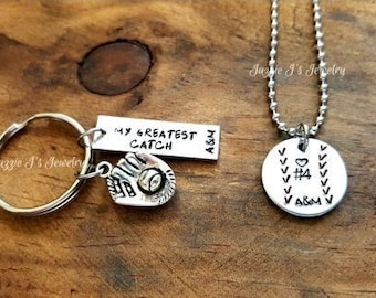Hand Stamped Baseball Keychain & Necklace Set, Baseball Player, Hand Stamped Baseball Player Gift, My Greatest Catch His and Hers Gift Set