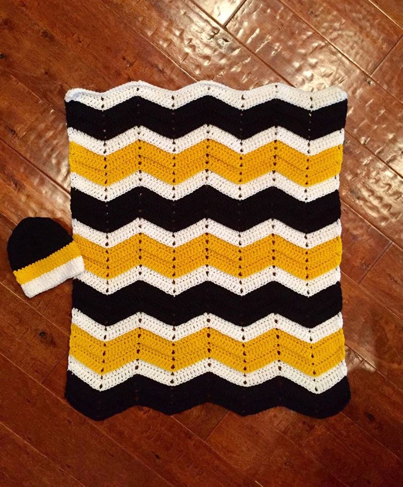 Crocheted Chevron Baby Blanket and Hat In Pittsburgh Steelers