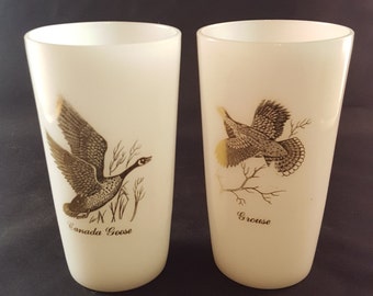 SALE - Milk Glass Wild Game Bird Glasses - Set of 2