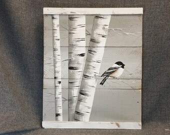 White Birch Painting, Reclaimed wood wall Art, Hand painted White Birch, Distressed, wall decor, chickadee Bird, Rustic & Shabby Chic