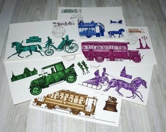 Postal Vintage transporte set - impresiones de arte historia transporte - coches antiguos postales - estampillas máximo tarjetas de transporte