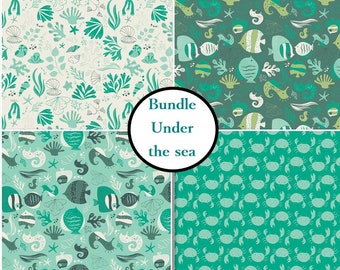 4 prints, Under the sea, Crabs, fischs, teal, aqua, white, turquoise, Camelot Fabrics, Bundle, 1 of each print