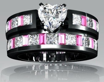 bridal ring set 10k white topaz black gold filled pink bridal fashion anniversary - Black Gold Wedding Ring Sets bridal ring set 10k white topaz black gold filled pink bridal fashion anniversary - Black Gold Wedding Ring Sets