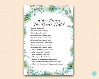 Peacock Bridal Shower Games, Who knows the Bride Best Game Printable, Bridal Shower Game, Bridal Shower Games Instant Download BS462