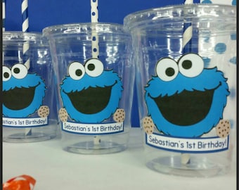 12 Personalized Cookie Monster Inspired Party Cups with Straws and Lids!