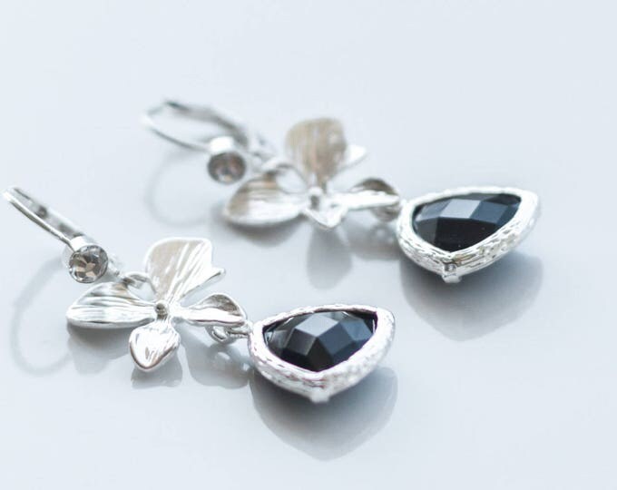 Black rhinestone earrings, Black silver earrings, Silver black earrings, Black earrings, Black and silver earrings