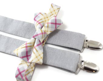 Pink plaid bow tie and suspenders set (boys, toddlers, babies and youth), Easter outfit, wedding ring bearer