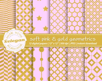 Pink and Gold Digital Paper " Soft Pink & gold Geometrics " digital printable scrapbook backgrounds with pink and gold geometric patterns.