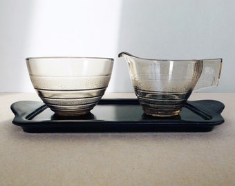 Dutch Vintage Art Deco Glass - Reflex - Creamer and Sugar Bowl with Black Tray Designed by A D Copier for Royal Leerdam