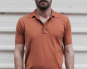 Mens Retro 70s Polo - Brown Tan Neutral - Stretchy Medium Large