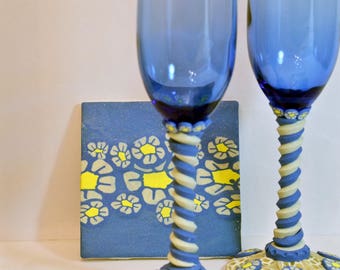 Polymer Clay wine glasses and coaster set (Blue daisies)