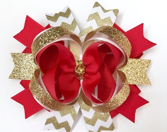 Gold and red christmas hair bow-Christmas hair bow-holiday