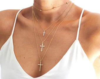 Thin Cross Necklace, Gold Cross Necklace, Gold Layering Necklace, Layered Cross Necklace, Cross Necklace, Crucifix Necklace, Gift for her
