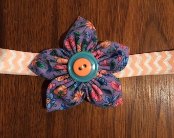 Purple flower on peach chevron elastic