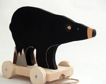 Black Bear Pull Toy - Rustic home decor, Wooden toy, bear on wheels, natural eco toys, home decor, american bear, wooden animals, wood toys