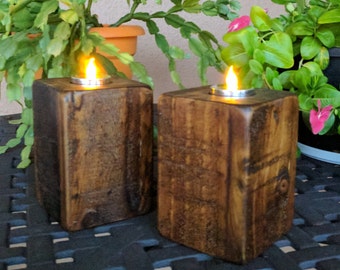 Pair of Rustic Tea Candle Holders made from Reclaimed & Repurposed Wood