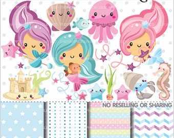 80%OFF - Mermaid Clipart, Mermaid Graphics, COMMERCIAL USE, Ocean Graphics, Under The Sea Clipart, Planner Accessories, Mermaid Party
