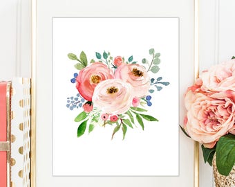 Floral Bouquet, Floral Watercolor Print, Pink Floral Print, Peach Roses, Pink Roses, Girls Nursery Art, Botanical Print, PRINTABLE WALL ART