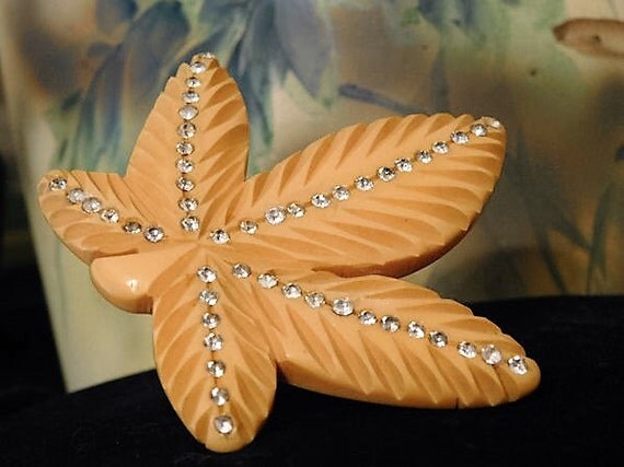 1930s Art Deco Bakelite Maple Leaf Rhinestone Dress Clip Butterscotch Hand Carved Bakelite Verified Brooch Fur Clip Emerald Cut Rhinestones