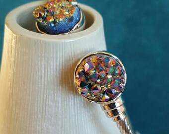 Druzy bracelet, sparkly Rainbow Peacock Druzy flexible adjustable silver metal Bangle, druzy jewelry, colorful boho ladies Christmas gift
