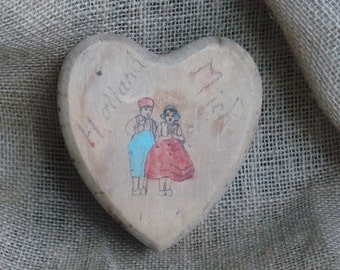 Vintage Wood Heart Box Trinket Box Souvenir from Holland Michigan Dutch Boy and Girl