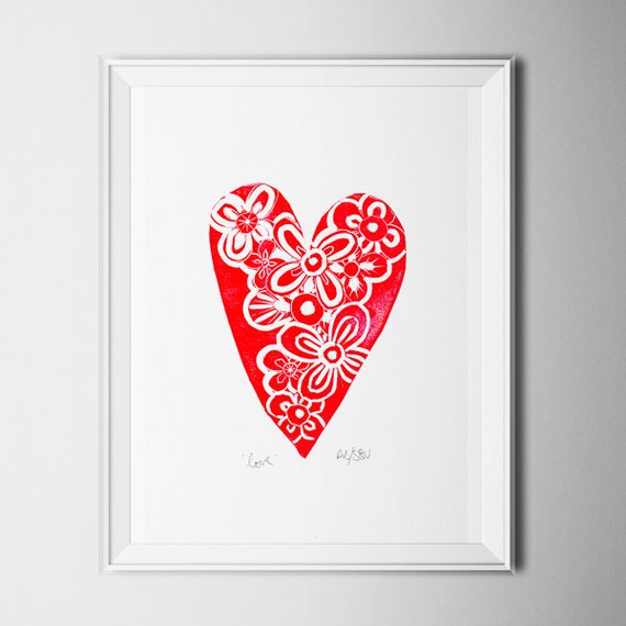 Linocut Red Love Heart Art Print