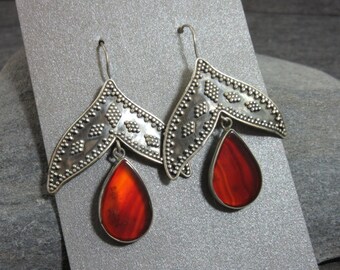 Stunning, Sterling Silver, Earrings, Amber, Brown, Agate, Granulation, Mahogany, Dangle, Exotic