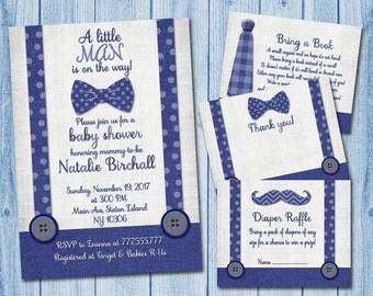 Little man baby shower invitation with inserts boy Invite set bow tie moustache navy blue grey diaper insert bring a book thank you card