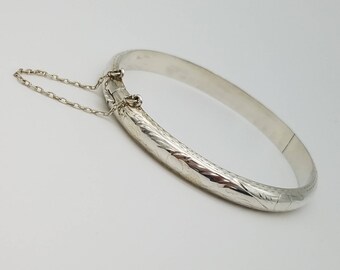 Vintage Sterling Silver Hinged Bangle Bracelet with Safety Chain - Signed FAS