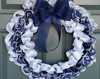 Winter Wreath, Navy Wreath, Silver Wreath, Scroll Wreath, Silver Blue Wreath, Outdoor Wreath, January Wreath, Elegant Wreath, Snow Wreath