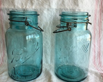 Vintage Pair Blue Ball Ideal Glass Canning Jars, Rustic Decor, Vintage Kitchen Decor, Farmhouse Kitchen Decor