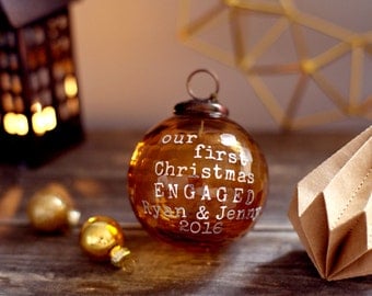 Engagement Christmas ornament, First Christmas Engaged, Personalized Christmas ornament, Glass Christmas Honeycomb bauble, Christmas gift