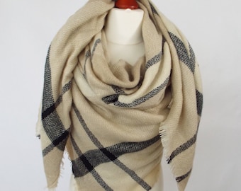 Plaid Blanket Scarf - chunky blanket scarf, Zara scarf, plaid scarf, check scarf, tartan scarf, beige plaid, gift for woman, gift for her,