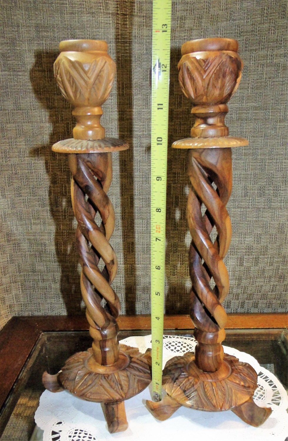 Pair of 13 Carved Wooden Candlesticks Ornate Open