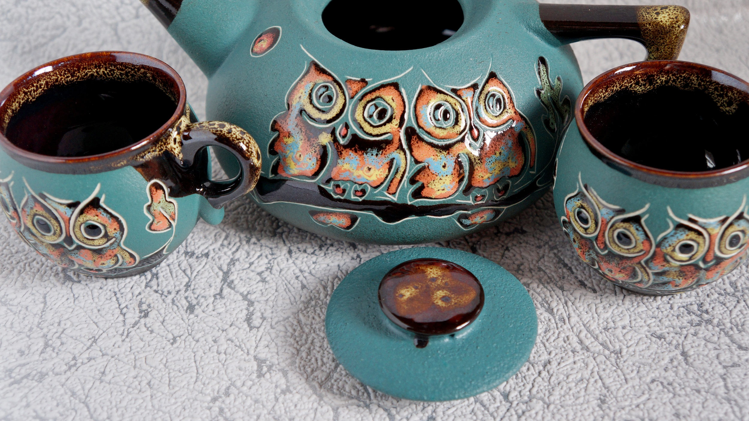 Tea set Owls Teapot set Ceramic pottery Green Owl teapot Tea