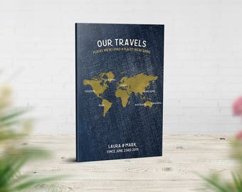 Travel Journal, Bucket List Notebook, Our Adventures Book, Places We've Been Book, Travel Lovers Gift, Denim Gold World Map, Our Travels Map