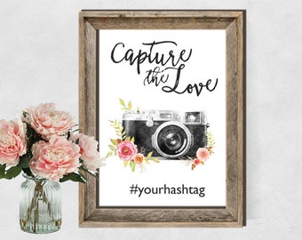 Printable Hashtag Instagram Sign, Wedding Hashtag Sign Printable, Floral Wedding Instagram Sign Capture the love Floral Wedding Digital File