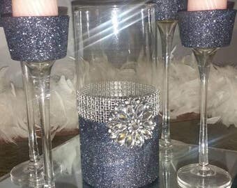 Onyx Glittered Candle holders, Table decor 6pc set
