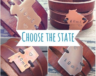 CHOOSE Your State Leather Bracelet, Home State Bracelet, Leather Cuff Bracelet with State Charm, Womens Custom Leather Cuff, Graduation Gift