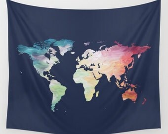 Map Tapestry, Navy Tapestry, World Map Wall Hanging, Globe Tapestry, World Map Decor Painted Map, Color Map Wall Hanging, Travel Tapestry