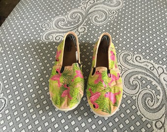 Hand painted palm tree leaves and flamingo shoes