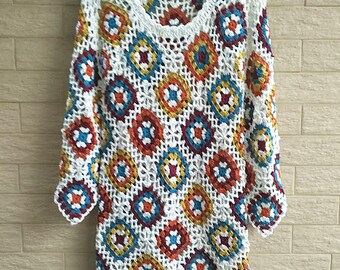Crochet Granny Square Dress Long Sleeves