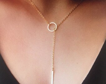 Long Necklace, Lariat Necklace, Vertical BarDrop Necklace, Infinity CrossLariat Pendant GoldorSilverplated ChokerNecklace LassoEnd Necklace